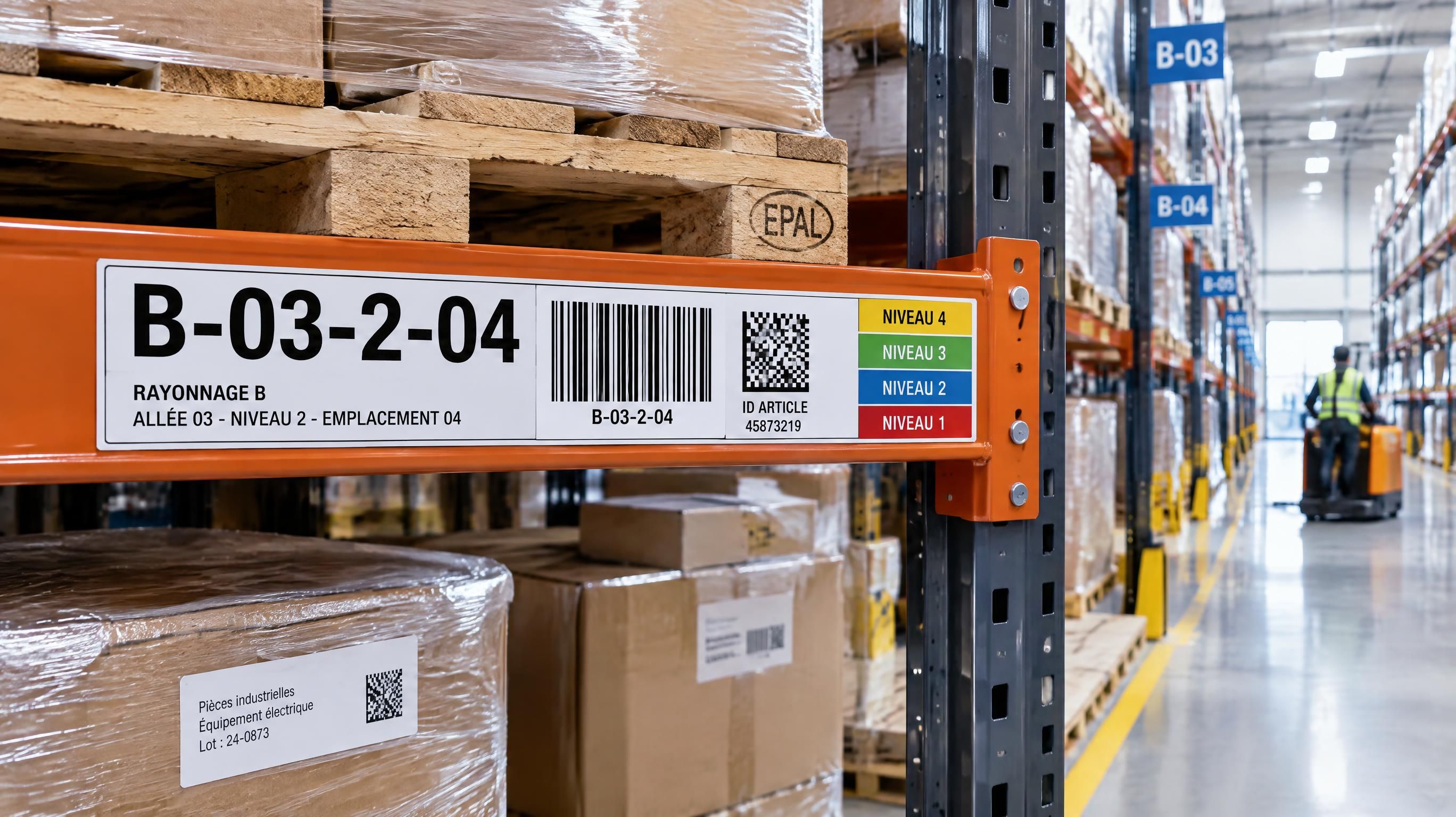 Étiquettes de repérage entrepôt rayonnages multi-niveaux codes-barres DataMatrix