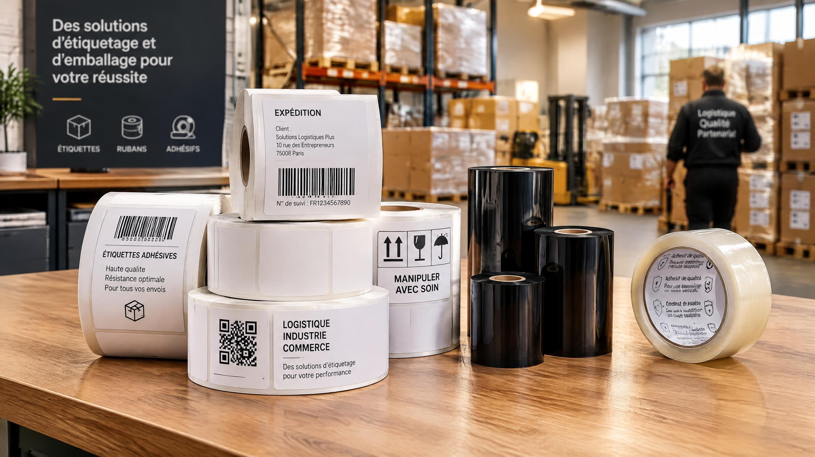 Solutions professionnelles d'étiquetage et d'emballage KS PRO PACK : bobines d'étiquettes adhésives, rubans transfert thermique et adhésifs industriels